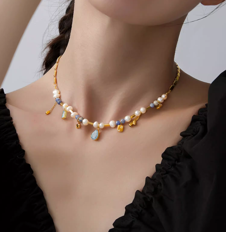 Blue Whisper Tassel Pearl Necklace