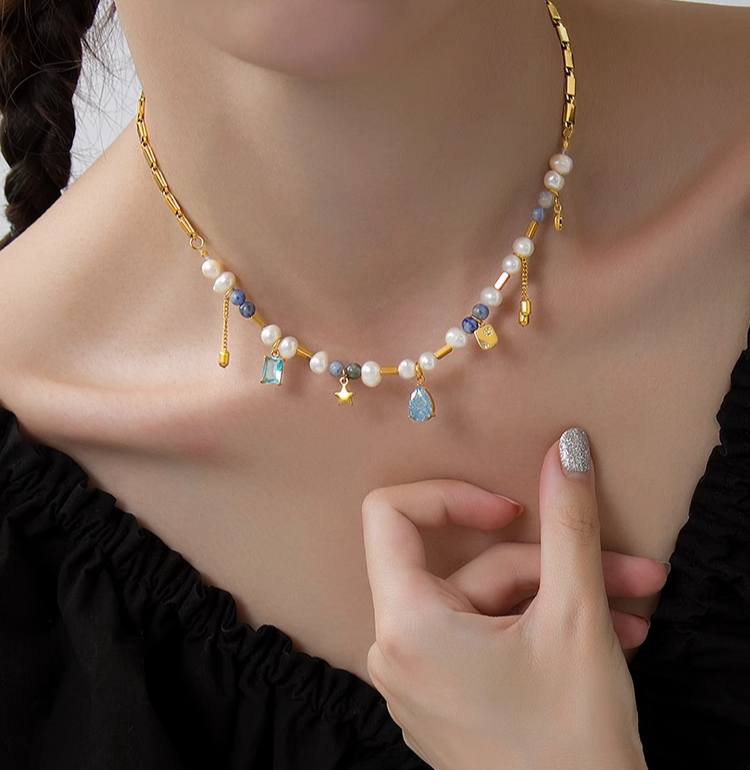 Blue Whisper Tassel Pearl Necklace